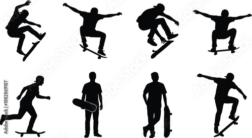 Set of skateboarder silhouettes performing street tricks and jumps, skateboarding action poses collection, black extreme sport athletes isolated on white background.