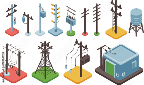 Isometric electric utility poles and transformers set power distribution infrastructure elements isolated on white background illustration