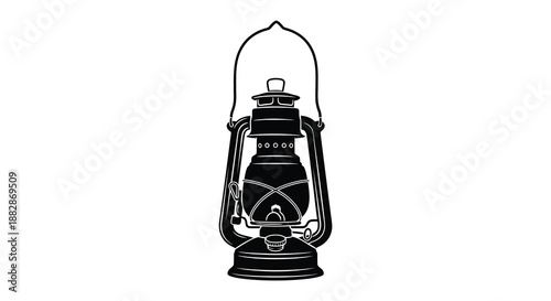 A striking black and white illustration depicts a vintage kerosene lantern with intricate details showcasing a classic design silhouette high quality