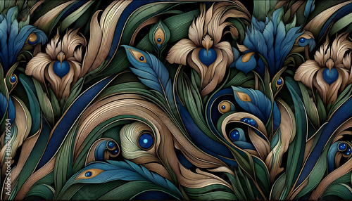 An Art Nouveau iris and peacock feather seamless pattern, Ai generated image