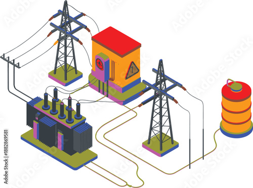 Isometric electrical power distribution system with transformer substation transmission towers control cabinet oil tank industrial energy infrastructure 3d illustration isolated