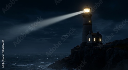Lighthouse on Rocky Coast at Night Illuminated by Bright Beam of Light