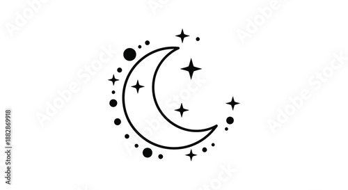 A simple illustration showcases a crescent moon encircled by various sized stars creating a dreamy nocturnal scene silhouette high quality professional
