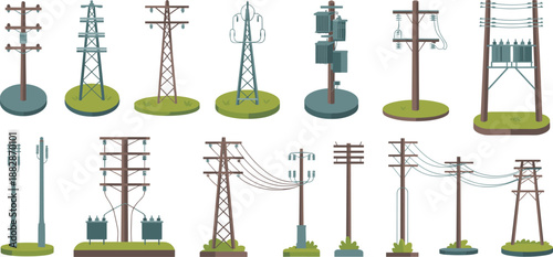 Isometric electricity transmission and distribution pole collection featuring transformers power lines utility infrastructure energy network illustration isolated set