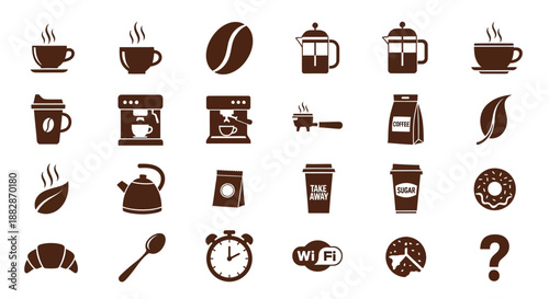 A collection of brown silhouette icons representing various coffee-related items, breakfast foods, and common cafe symbols.
