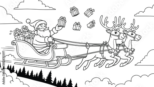 a black and white illustration depicts santa claus flying in a sleigh pulled by a reindeer with presents