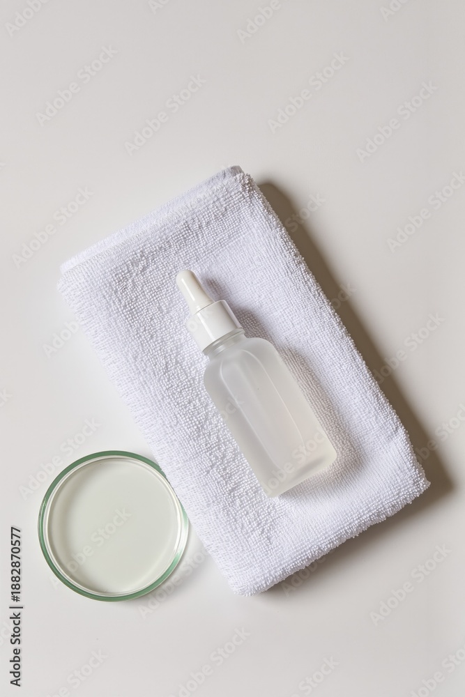 Fototapeta premium Glass dropper bottle on white towel with petri dish for cosmetic research