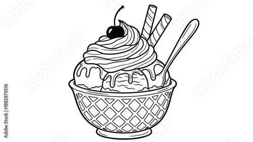 a detailed black and white drawing showcasing a delicious dessert with cream cherry and wafer sticks in a