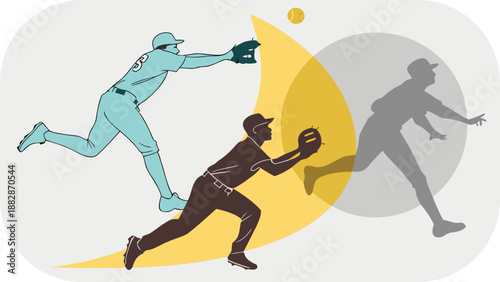 Baseball players in action with yellow and grey accents on light background sport athletic