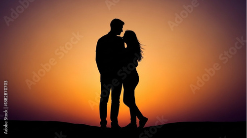 Couple Silhouette Embracing Against Sunset Sky.