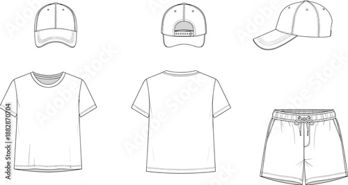 Casual summer outfit technical drawing set with baseball cap, t-shirt front and back views, and shorts outline, clean vector fashion templates for apparel design.