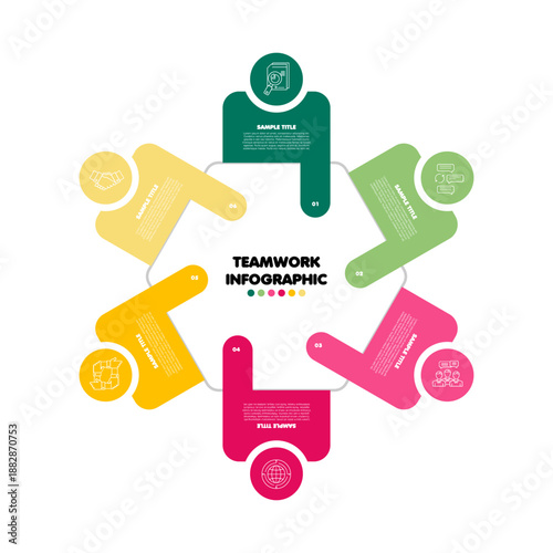 Teamwork process infographic with 6 editable steps complete with icons. Editable vector eps.