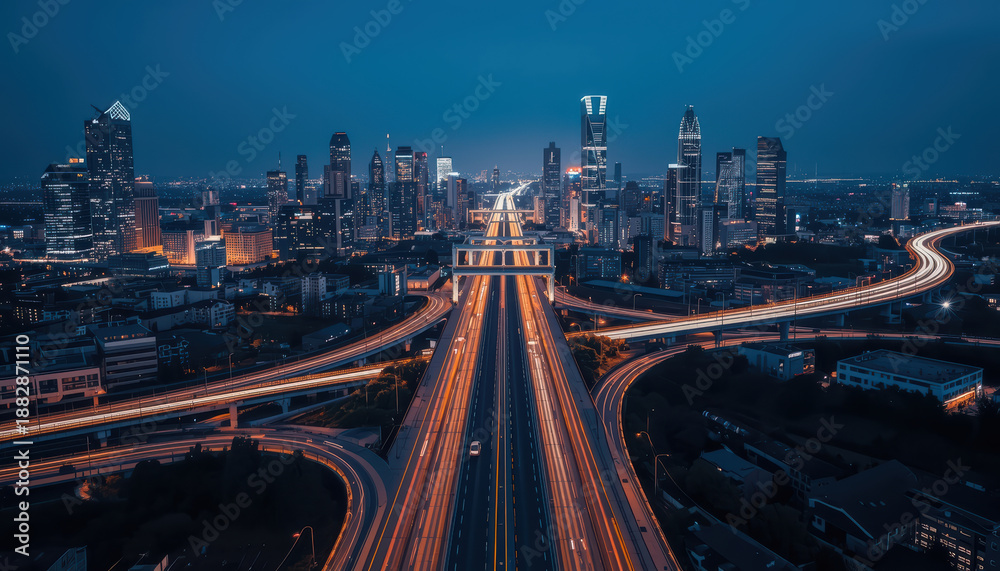 Fototapeta premium City highway at dusk with light trails leading to modern skyline, vibrant urban motion