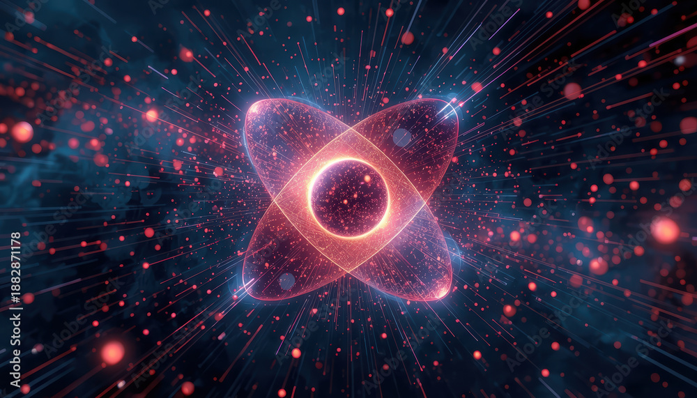 Obraz premium Glowing atomic nucleus with orbital paths and bursting particles conveying quantum energy