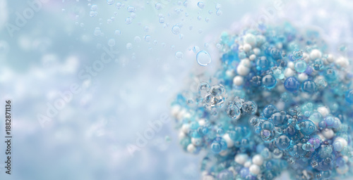 Micellar serum microstructures in fluid. Abstract 3D lipid bubbles, cosmetic and biomedical nanoparticles, hydration concept. Skincare science, dermatology, pharmaceutical technology, nanotechnology