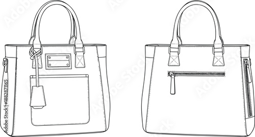 Tote handbag technical drawing showing front and back views with handles, zipper pocket, and stitching details, clean vector outline for fashion accessory design templates.