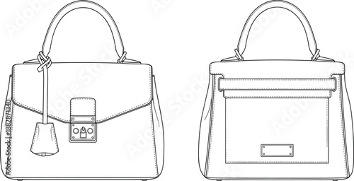 Luxury handbag technical drawing showing front and back views with handle, flap, and lock details, clean vector outline for fashion design, accessory templates, and mockups.