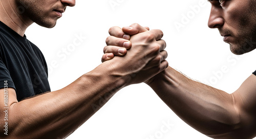 Two muscular men engaged in an arm wrestling match, their hands clasped together in a fierce struggle, isolated on a transparent background, 26.png