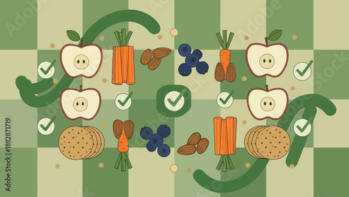 Healthy Food Items Arranged Creatively on Checkered Background: A Visual Composition