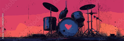 Drummer performing on a city rooftop at sunset, playing a song about love. Drummer playing love song on urban rooftop