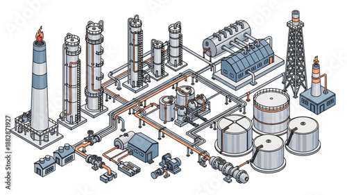 Industrial Oil Refinery Plant Complex Isometric Illustration.