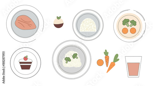 Healthy Food Platter Illustrated: A Colorful, Modern Dietary Design for Various Dishes