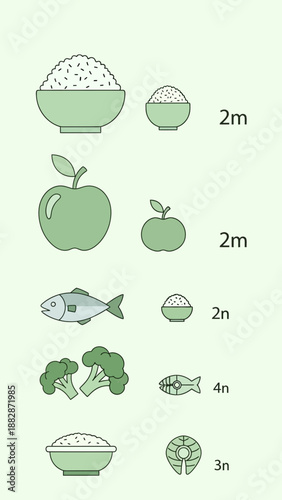 Healthy Eating Visual Guide Featuring Rice Apples Fish Broccoli and Nutritional Portions