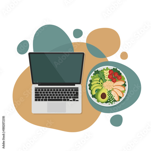 Healthy Lifestyle And Work Balance Depicted With Laptop And Fresh Nourishing Food Plate
