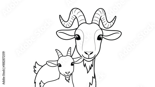 a detailed black and white illustration depicts a mother goat with her young kid standing and facing forward