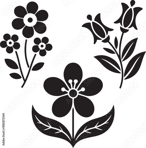 Vector black silhouettes of flowers isolated on a white background.