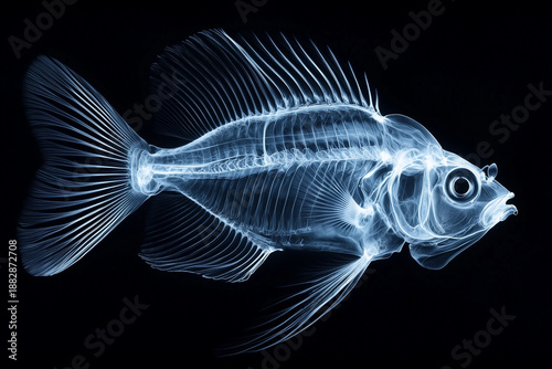 A captivating x-ray image showcasing the intricate skeletal structure of a fish against a black background. The fine details reveal the delicate bones and fins, creating a mesmerizing visual effect.