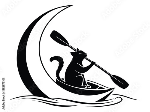 Black Silhouette Cat Paddling Kayak Under Crescent Moon On Water canoe paddle