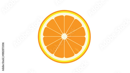 A vibrant orange citrus slice with a white pith on a plain white background, showcasing its segments and juicy texture in a simple still life composition.