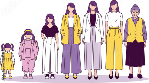 Professional flat illustration of female aging process from child to elderly woman for life stages concept.
