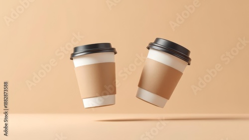 Two takeaway coffee cups mockup with paper sleeves and black lids floating on a soft beige background. Clean minimal product photography ideal for branding, cafe promotion, packaging, and beverage con