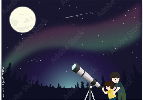 The mysterious night sky moment when parents and children look at the moon and stars through a telescope