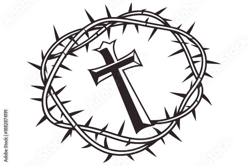 Christian Cross and Crown of Thorns Religious Symbol Black and White Illustration christianity