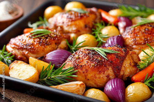 Juicy roasted chicken thighs with vegetables and herbs on a baking tray Generative AI