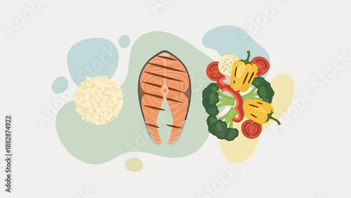 Healthy Salmon Dish With Fresh Vegetables And Grains, Balanced Nutritional Meal