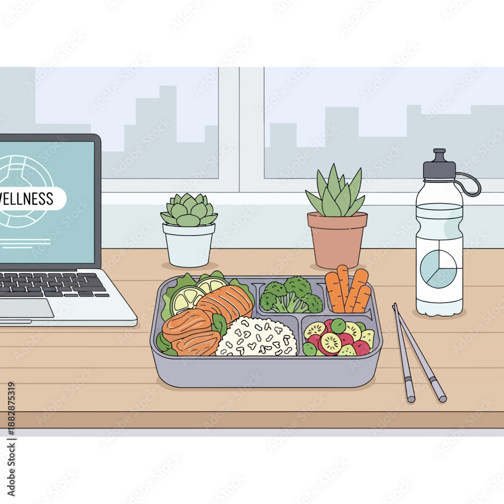 Fototapeta premium Healthy Lunchtime Workspace Scene Featuring a Bento Box, Laptop, and Hydration Essential