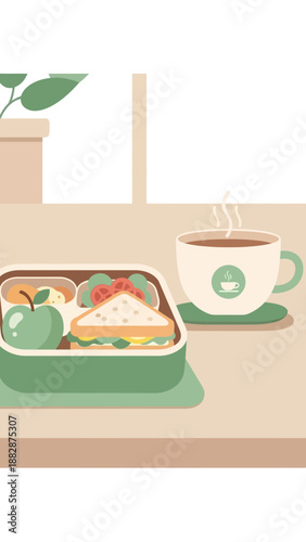 Healthy Lunchtime Repast Featuring a Sandwich, Apple, and Hot Beverage Near a Window