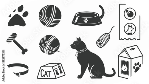 Collection of Black Cat Accessories and Toys on White Background kitten animal
