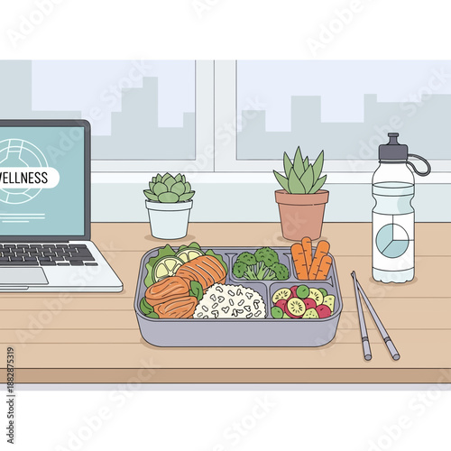Healthy Lunchtime Workspace Scene Featuring a Bento Box, Laptop, and Hydration Essential