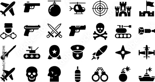 Military Icon Set – Weapons, Tanks, Aircraft, Bombs, Soldiers and Combat Equipment Vector EPS