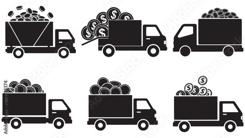 Solid Icon Illustration Of Cargo Trucks Loaded With Coin Piles Representing Cash Logistics, Secure Money Transport And Funds Distribution