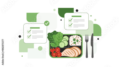 Healthy Meal Plan Concept: Fresh, Balanced Lunch with Checklist Elements and Food