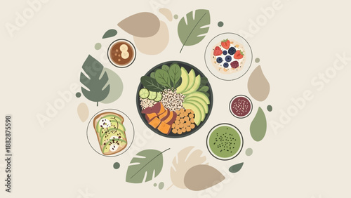 Healthy Nourishing Food Arrangement with Bowl, Toast, and Oatmeal For Dieting