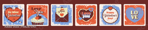 Vibrant romantic Valentines Day posters in retro grunge style with aesthetic lettering and patterns