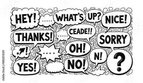 Collection of hand-drawn speech bubbles with common phrases and questions Keywords: speech bubble, text, word, message, communication, dialogue, thought, idea, exclamation, question, hey, what's