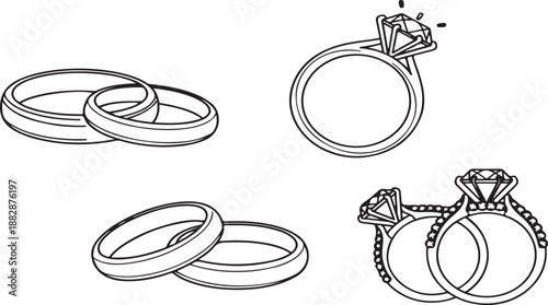 A collection of wedding rings and engagement rings in a simple line drawing style